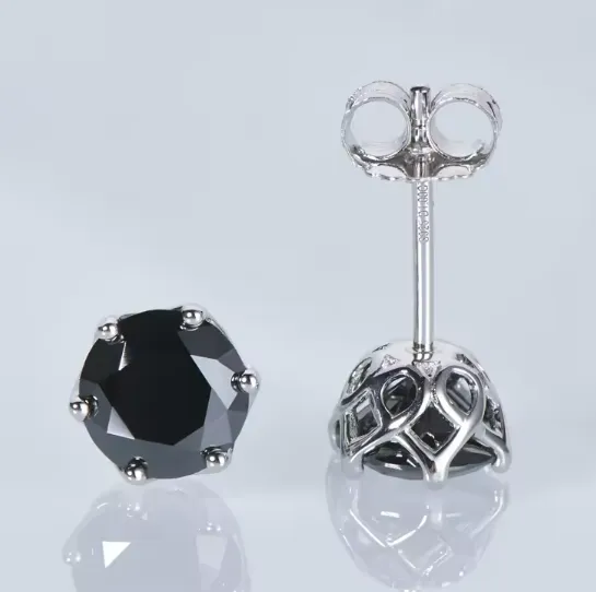 925 Silver 6.5MM 1CT Black Moissanite Stud Diamond Earrings