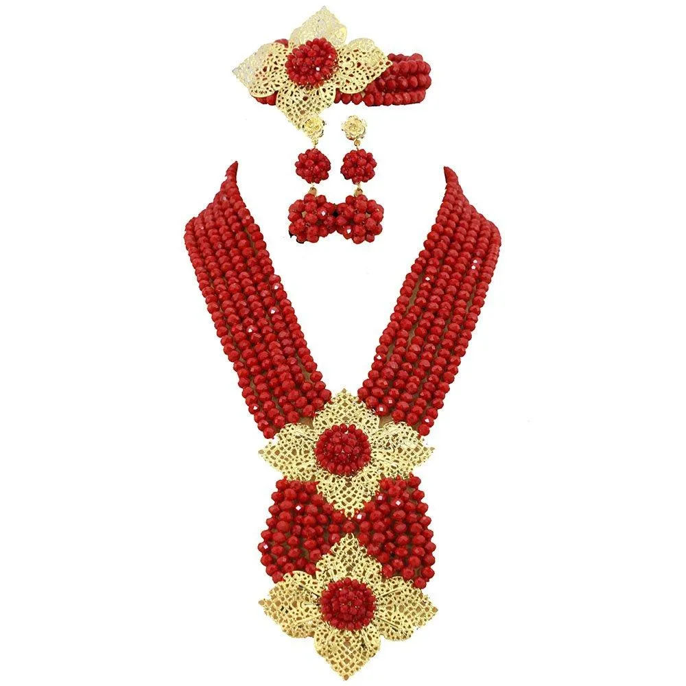 Africanbeads Red African Beads Jewelry Set,African Costume Jewelry Set