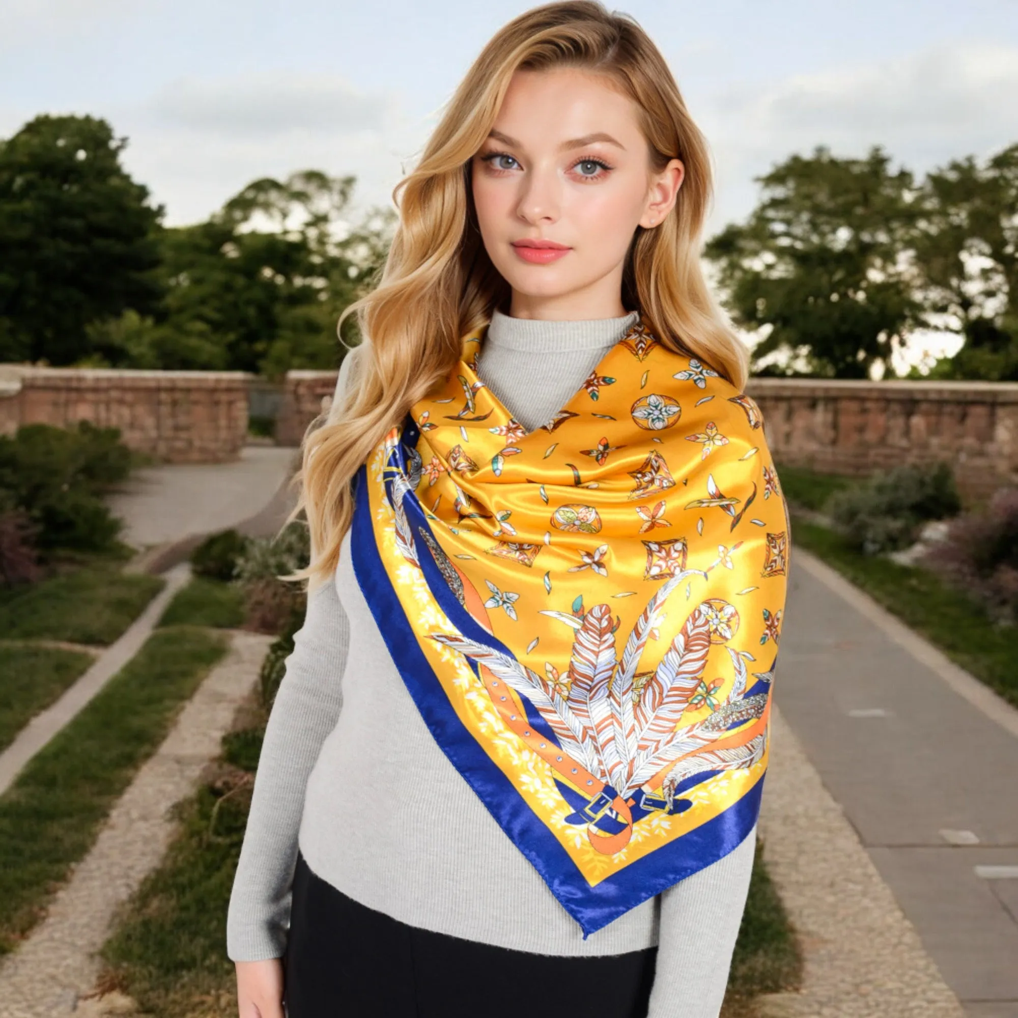 Anna-Kaci Women's Vintage-Inspired Satin Square Scarves with Vibrant Patterns and Bold Feather and Butterfly Motifs