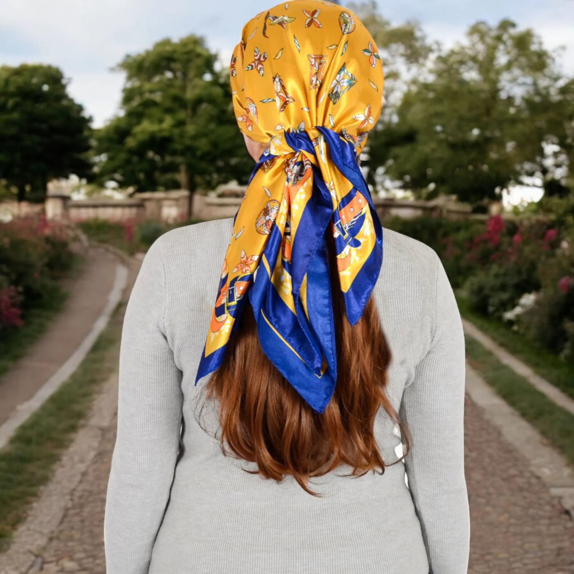 Anna-Kaci Women's Vintage-Inspired Satin Square Scarves with Vibrant Patterns and Bold Feather and Butterfly Motifs
