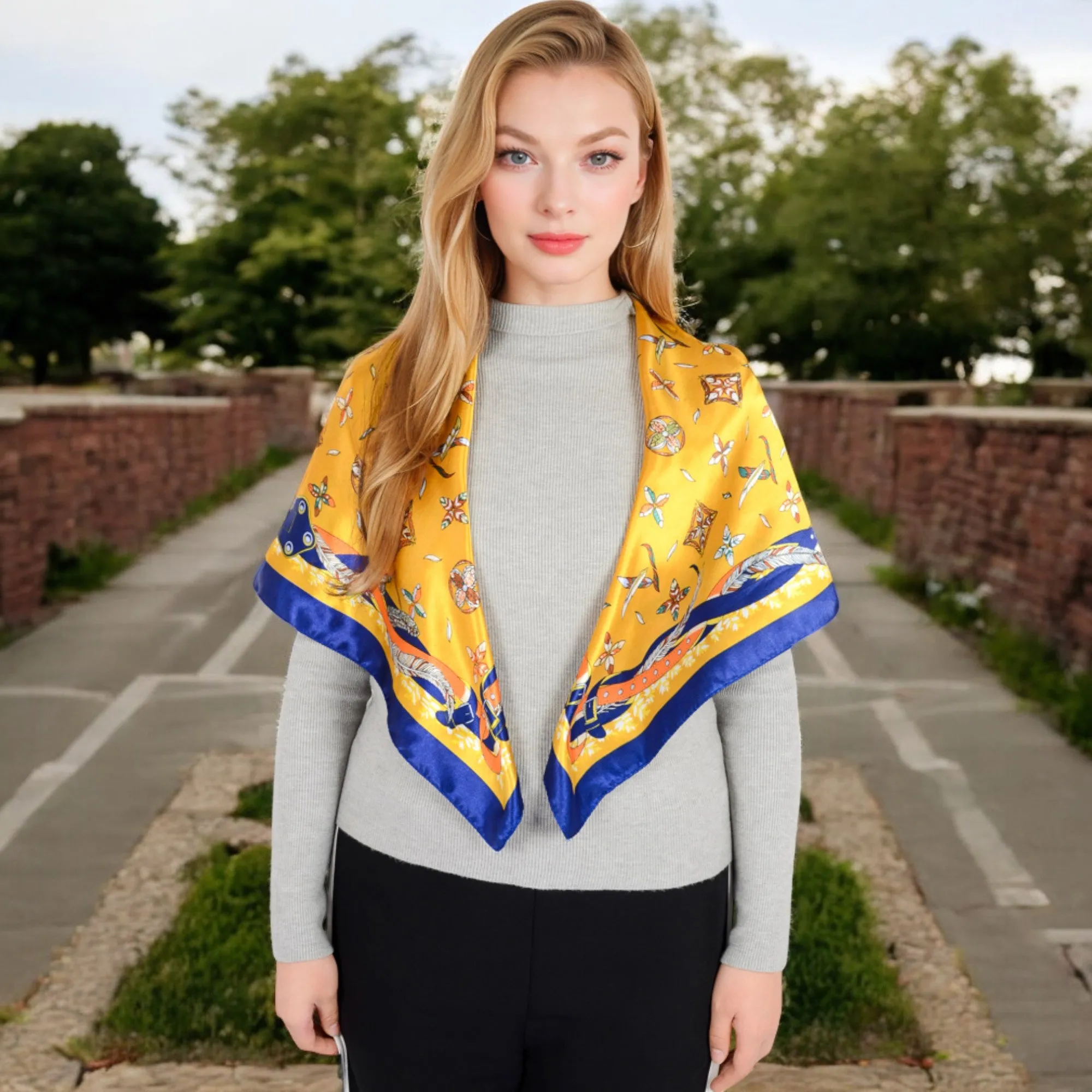 Anna-Kaci Women's Vintage-Inspired Satin Square Scarves with Vibrant Patterns and Bold Feather and Butterfly Motifs