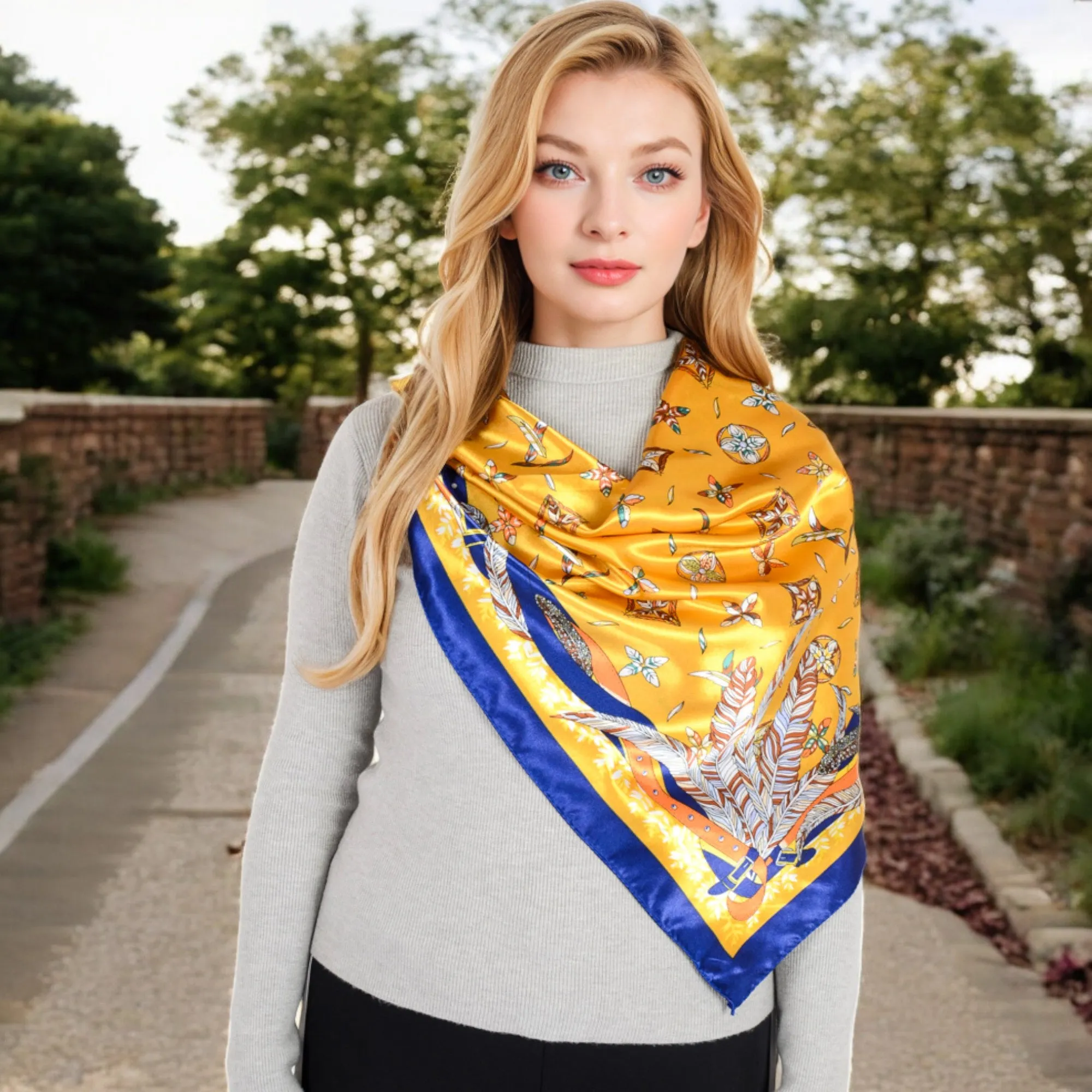 Anna-Kaci Women's Vintage-Inspired Satin Square Scarves with Vibrant Patterns and Bold Feather and Butterfly Motifs
