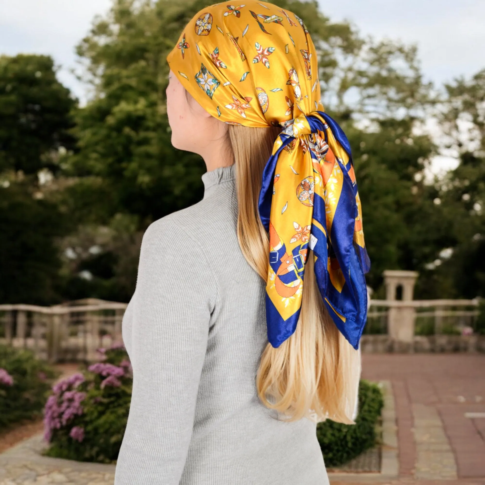 Anna-Kaci Women's Vintage-Inspired Satin Square Scarves with Vibrant Patterns and Bold Feather and Butterfly Motifs
