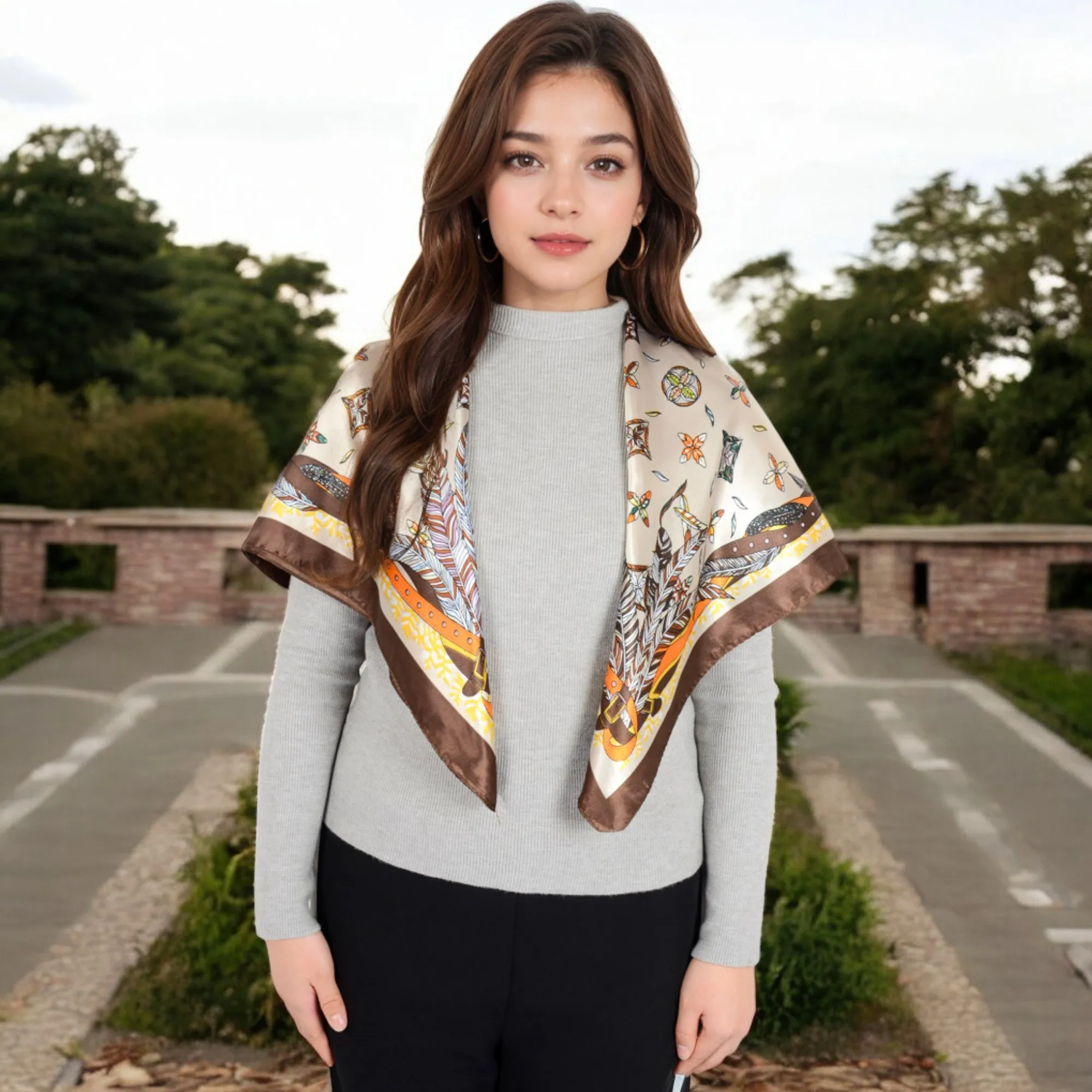Anna-Kaci Women's Vintage-Inspired Satin Square Scarves with Vibrant Patterns and Bold Feather and Butterfly Motifs