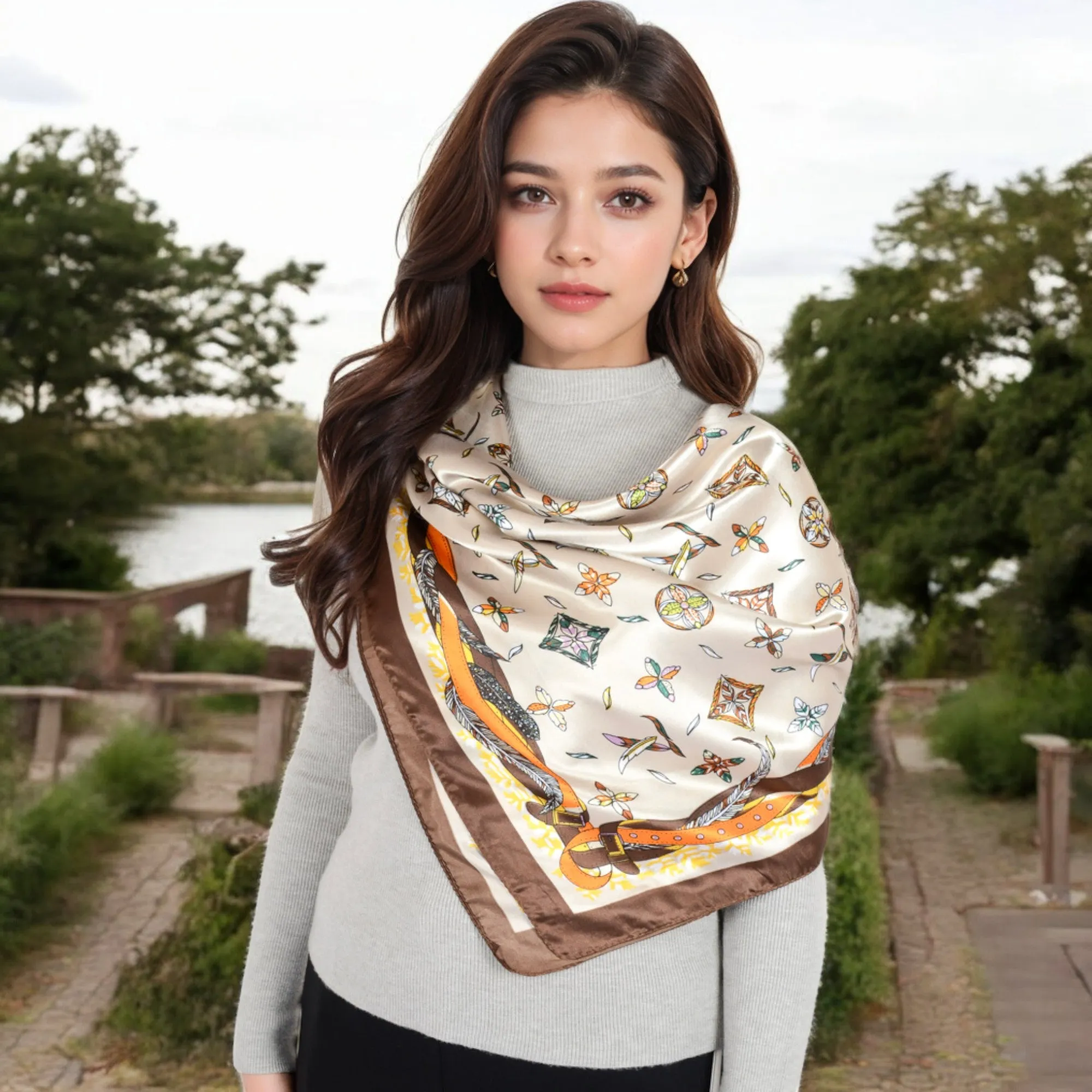 Anna-Kaci Women's Vintage-Inspired Satin Square Scarves with Vibrant Patterns and Bold Feather and Butterfly Motifs