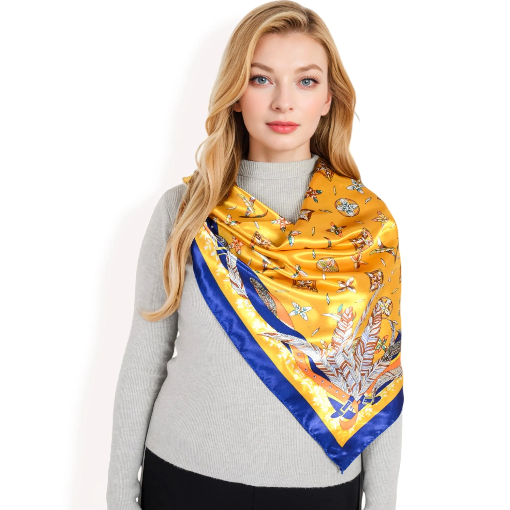 Anna-Kaci Women's Vintage-Inspired Satin Square Scarves with Vibrant Patterns and Bold Feather and Butterfly Motifs