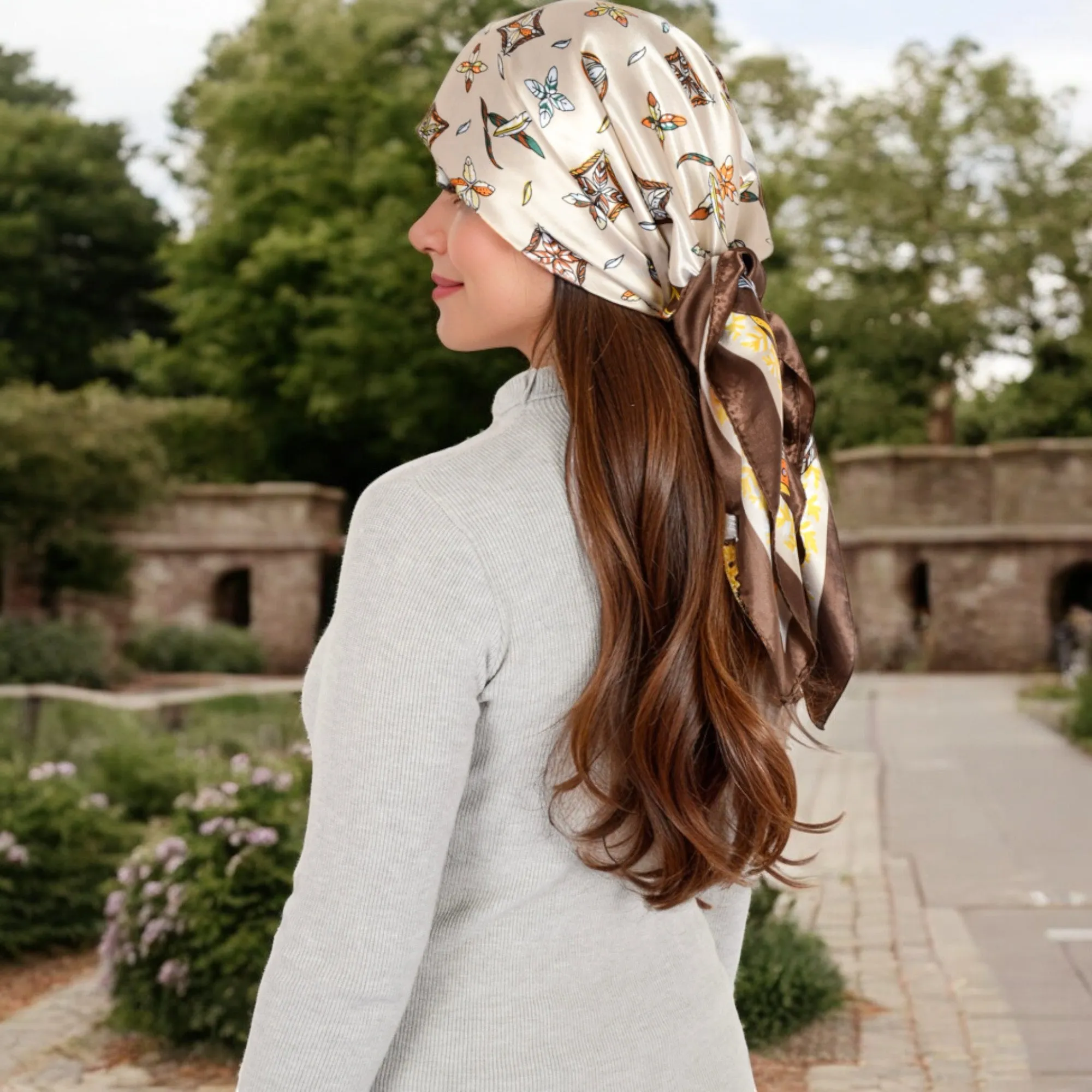 Anna-Kaci Women's Vintage-Inspired Satin Square Scarves with Vibrant Patterns and Bold Feather and Butterfly Motifs