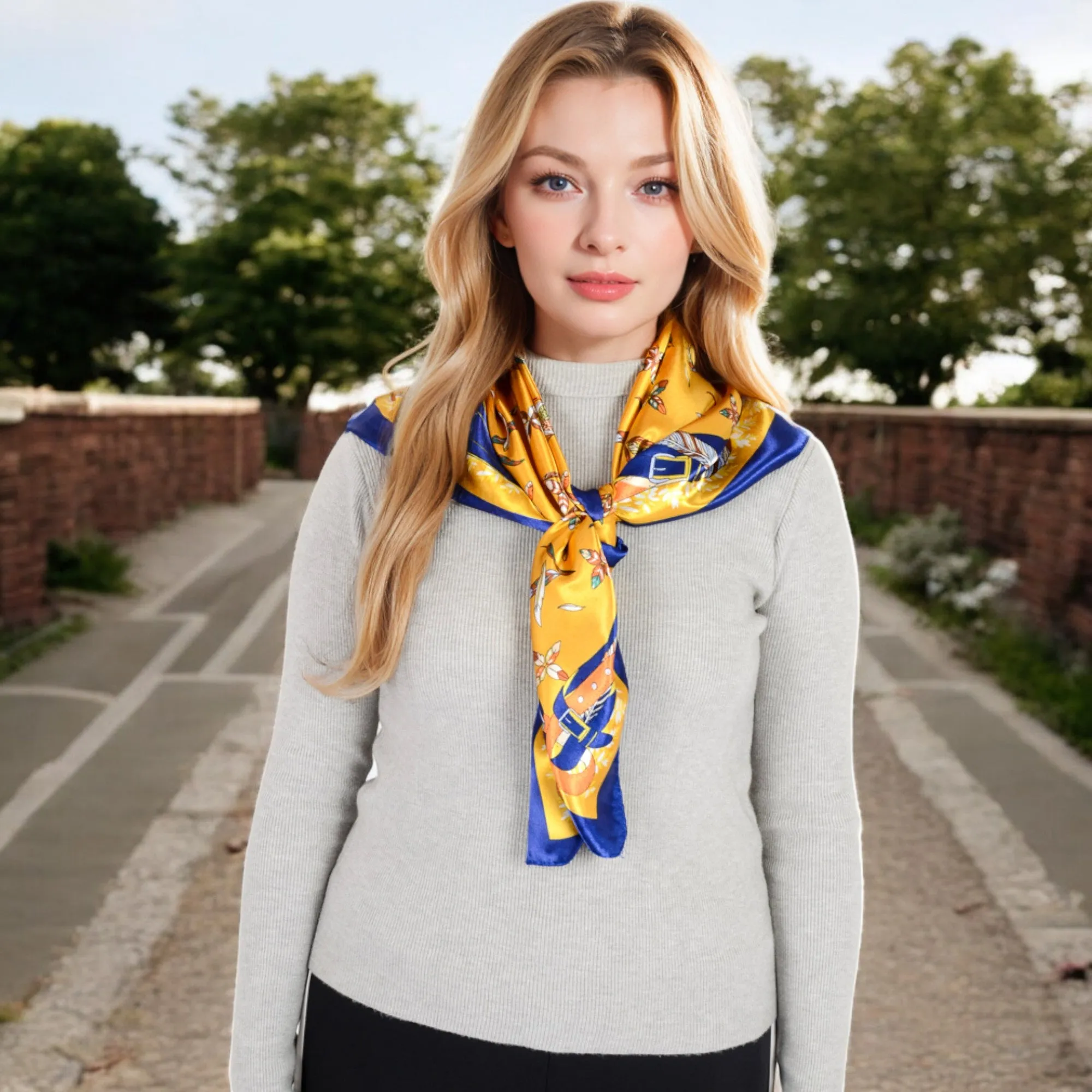 Anna-Kaci Women's Vintage-Inspired Satin Square Scarves with Vibrant Patterns and Bold Feather and Butterfly Motifs