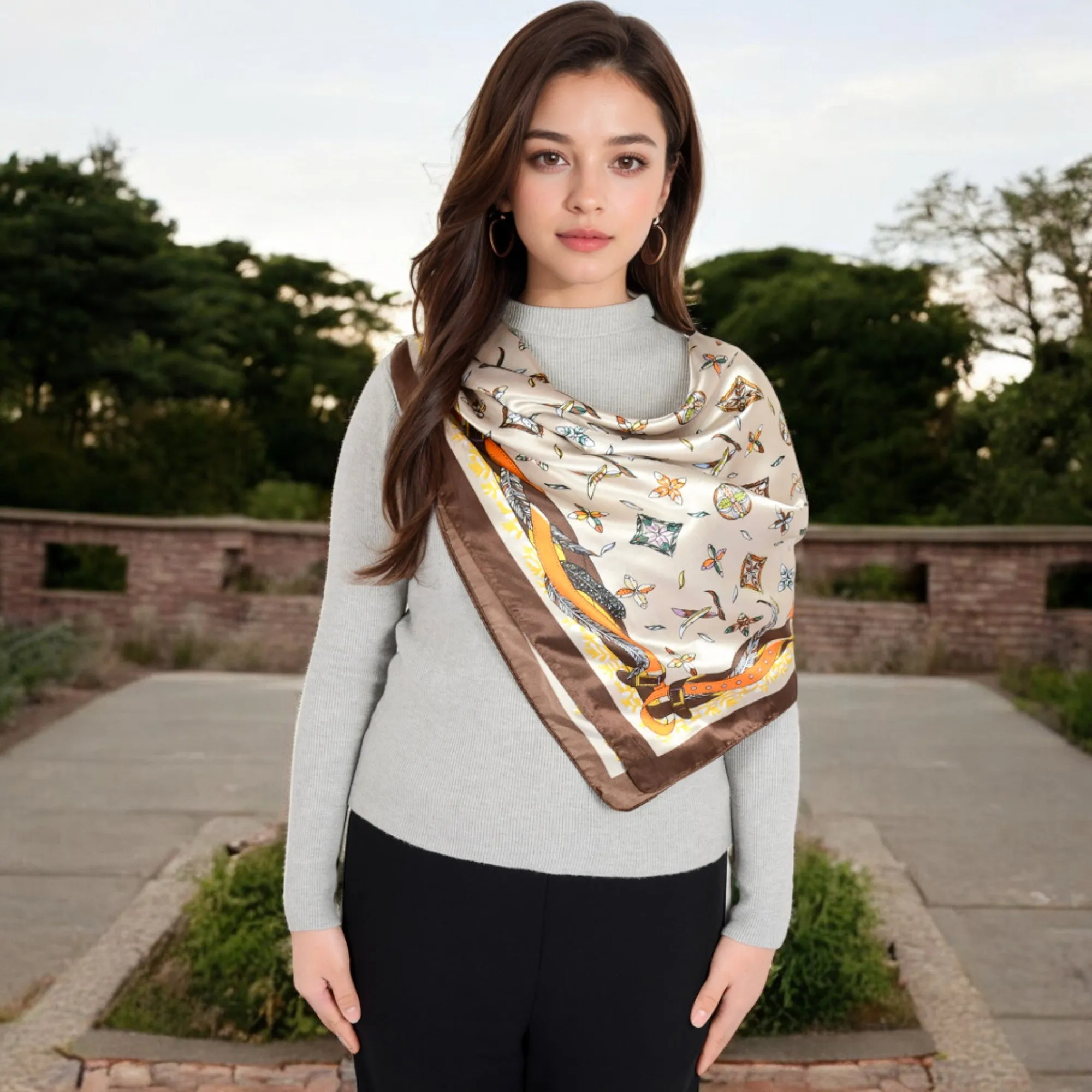Anna-Kaci Women's Vintage-Inspired Satin Square Scarves with Vibrant Patterns and Bold Feather and Butterfly Motifs