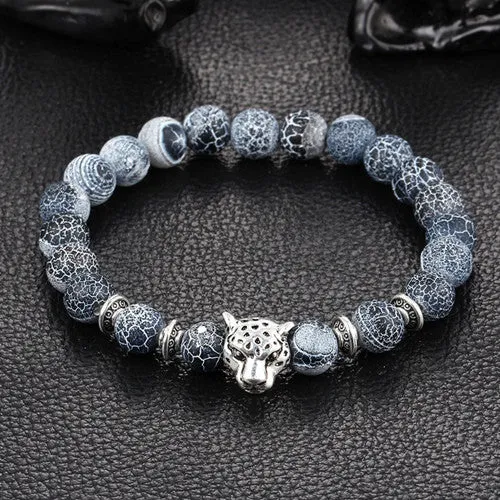 Antique Silver Plated Buddha Leopard head Bracelet Lava Natural Stone Beaded Bracelets For Men Women Pulseras Hombre