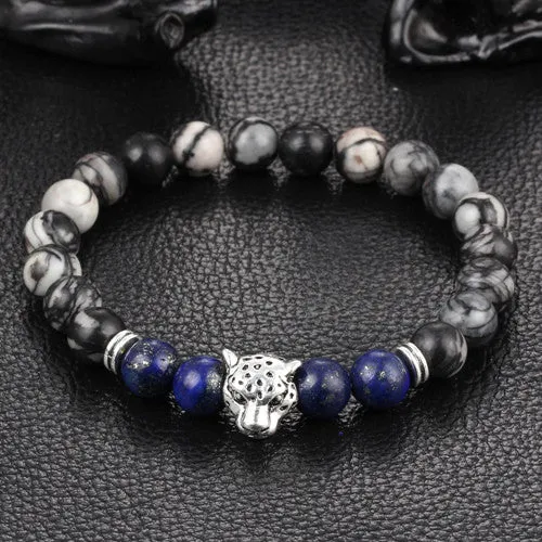 Antique Silver Plated Buddha Leopard head Bracelet Lava Natural Stone Beaded Bracelets For Men Women Pulseras Hombre