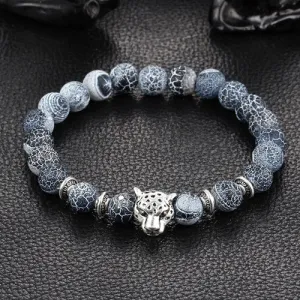 Antique Silver Plated Buddha Leopard head Bracelet Lava Natural Stone Beaded Bracelets For Men Women Pulseras Hombre
