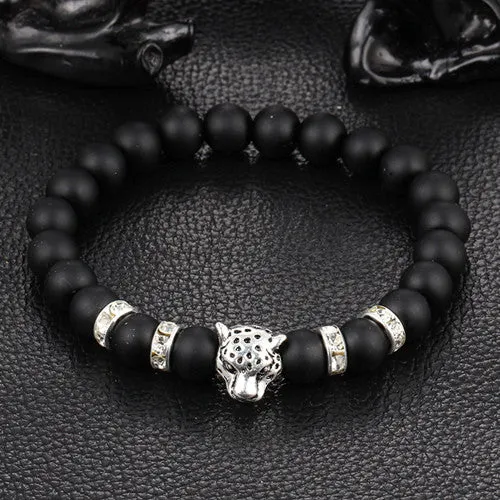 Antique Silver Plated Buddha Leopard head Bracelet Lava Natural Stone Beaded Bracelets For Men Women Pulseras Hombre