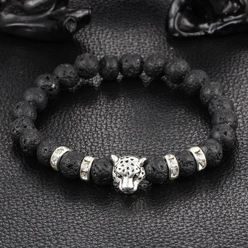 Antique Silver Plated Buddha Leopard head Bracelet Lava Natural Stone Beaded Bracelets For Men Women Pulseras Hombre