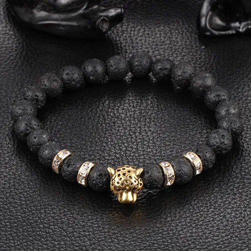 Antique Silver Plated Buddha Leopard head Bracelet Lava Natural Stone Beaded Bracelets For Men Women Pulseras Hombre