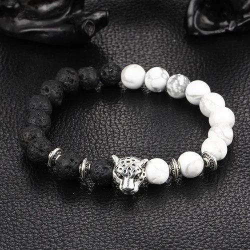 Antique Silver Plated Buddha Leopard head Bracelet Lava Natural Stone Beaded Bracelets For Men Women Pulseras Hombre