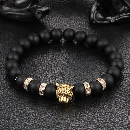 Antique Silver Plated Buddha Leopard head Bracelet Lava Natural Stone Beaded Bracelets For Men Women Pulseras Hombre