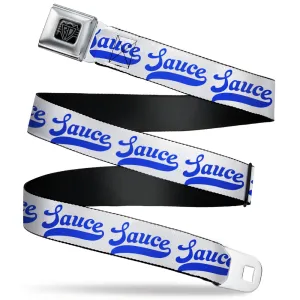 BD Wings Logo CLOSE-UP Black/Silver Seatbelt Belt - SAUCE Baseball Script White/Blue Webbing