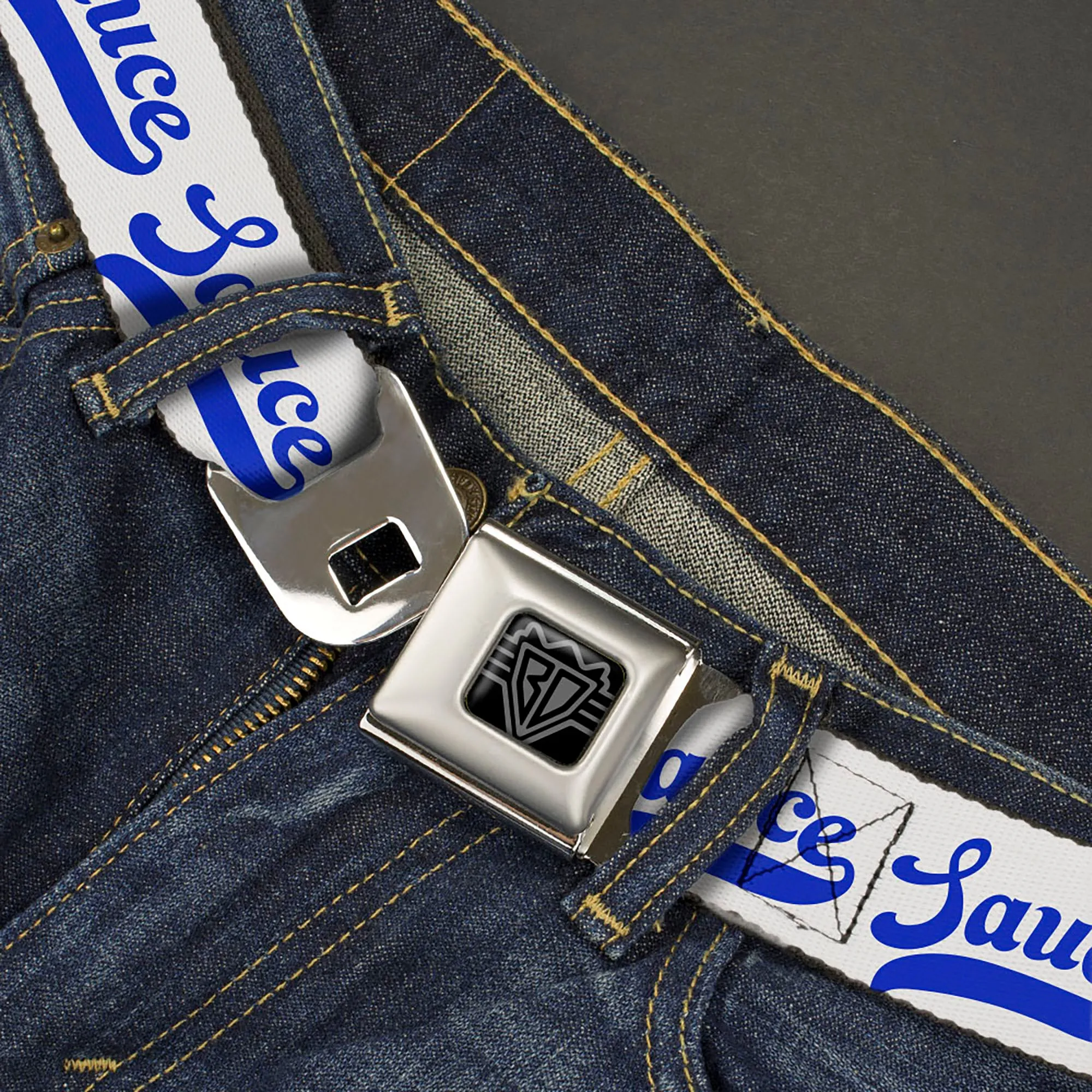 BD Wings Logo CLOSE-UP Black/Silver Seatbelt Belt - SAUCE Baseball Script White/Blue Webbing
