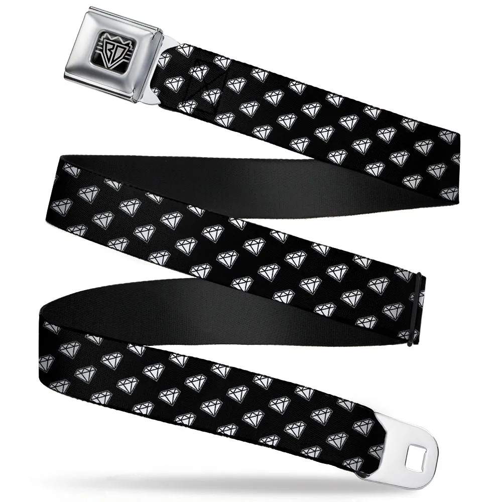 BD Wings Logo CLOSE-UP Full Color Black Silver Seatbelt Belt - Diamonds Diagonal Black/White Webbing