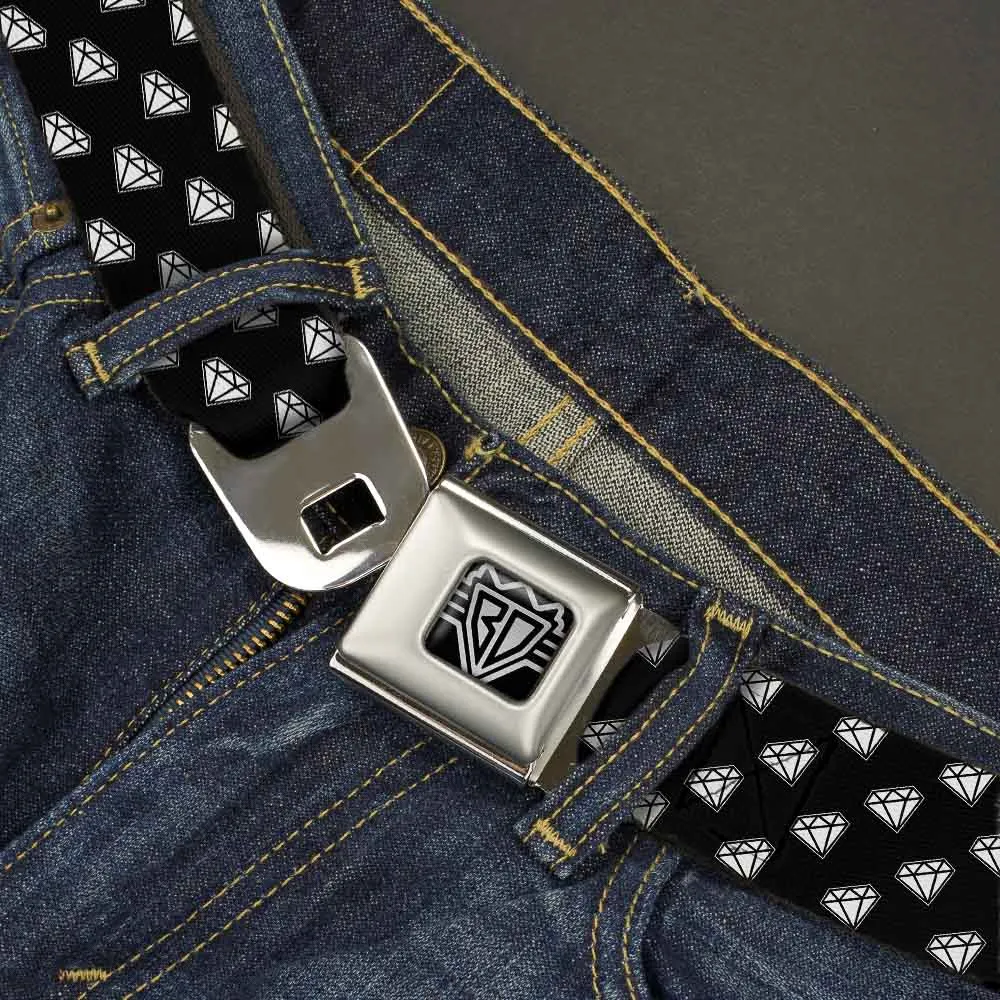 BD Wings Logo CLOSE-UP Full Color Black Silver Seatbelt Belt - Diamonds Diagonal Black/White Webbing
