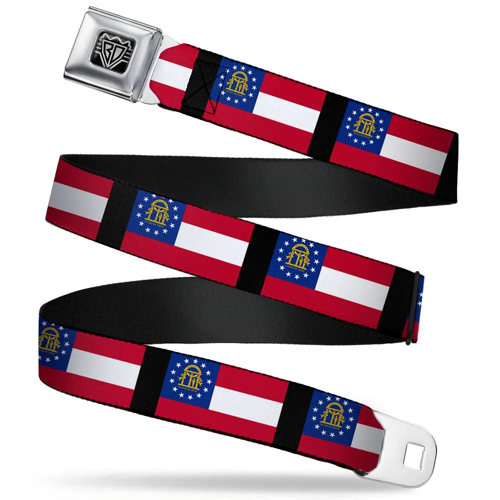 BD Wings Logo CLOSE-UP Full Color Black Silver Seatbelt Belt - Georgia Flags/Black Webbing
