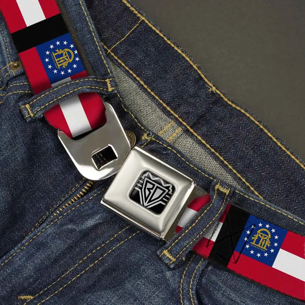 BD Wings Logo CLOSE-UP Full Color Black Silver Seatbelt Belt - Georgia Flags/Black Webbing