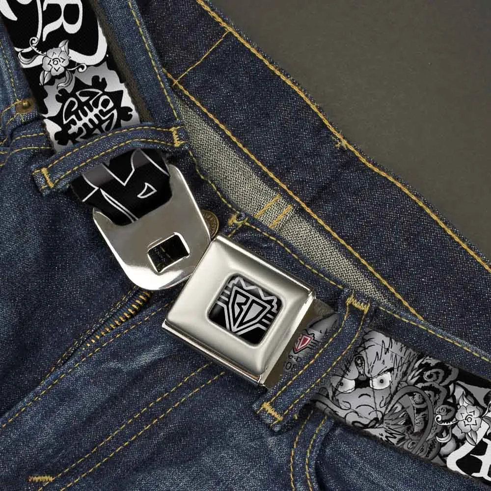 BD Wings Logo CLOSE-UP Full Color Black Silver Seatbelt Belt - Honor Black/White Webbing