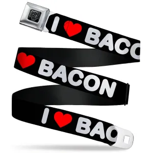 BD Wings Logo CLOSE-UP Full Color Black Silver Seatbelt Belt - I "HEART" BACON Text Black/White/Red Webbing