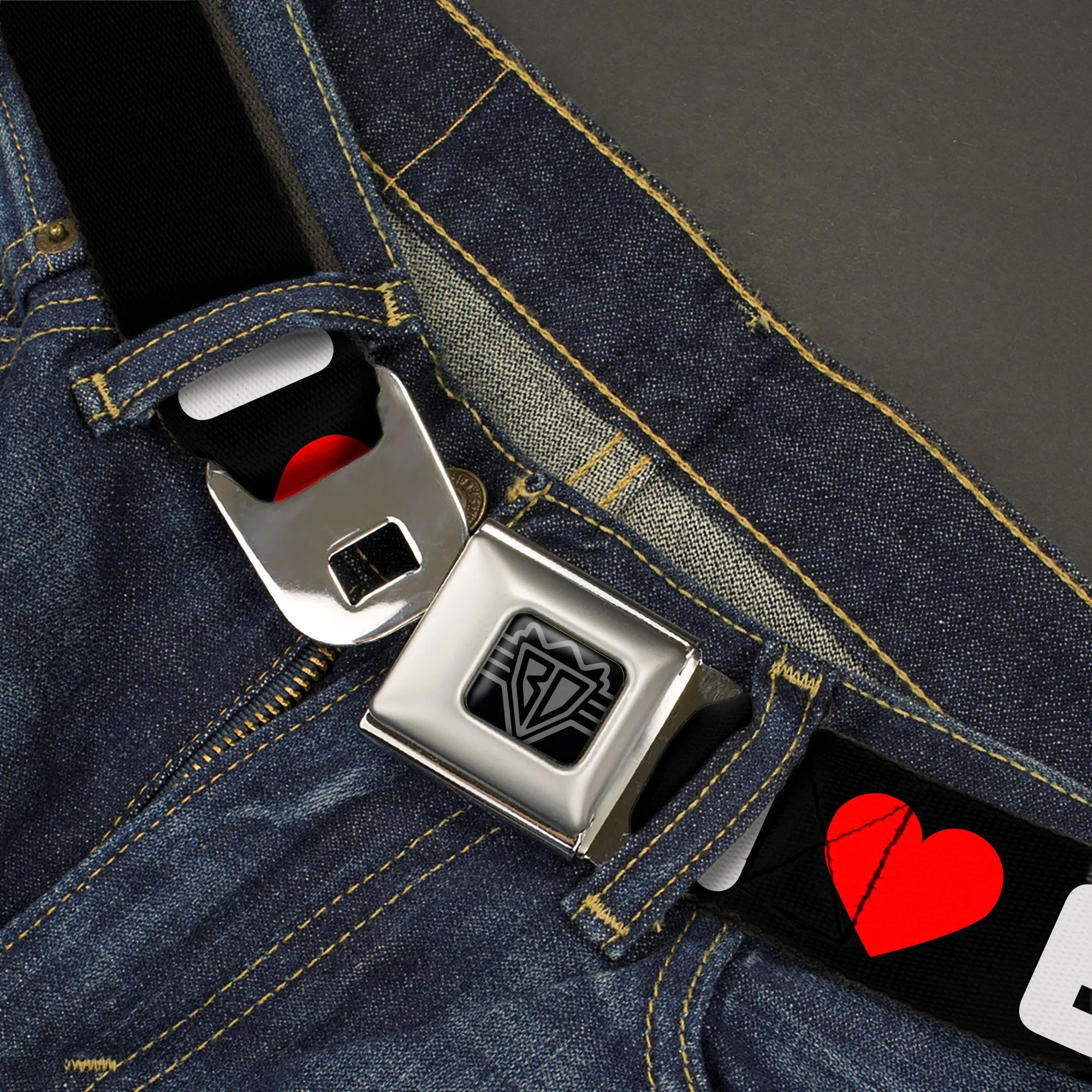 BD Wings Logo CLOSE-UP Full Color Black Silver Seatbelt Belt - I "HEART" BACON Text Black/White/Red Webbing