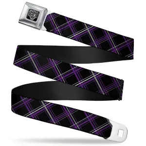 BD Wings Logo CLOSE-UP Full Color Black Silver Seatbelt Belt - Plaid Black/Purple/Gray Webbing