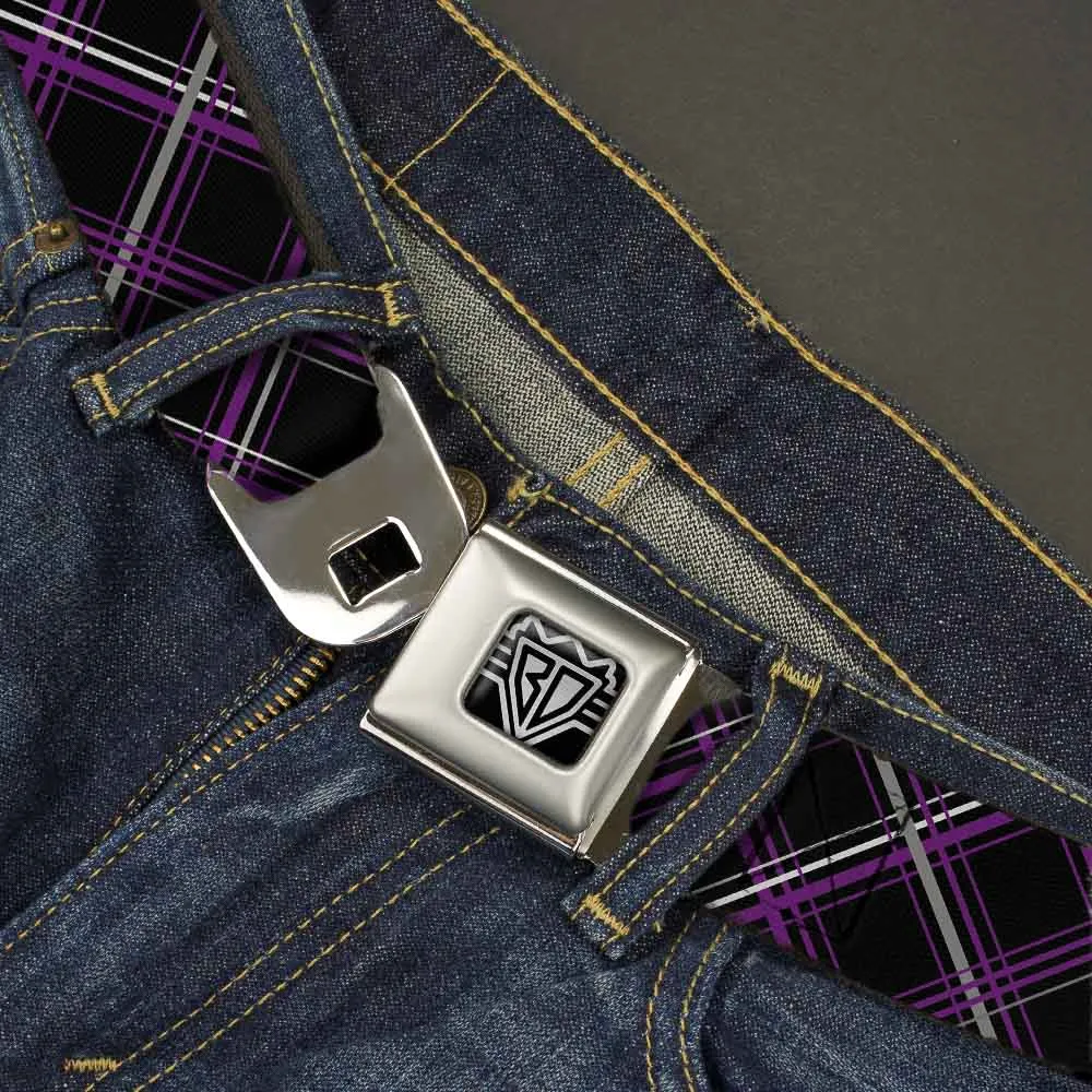 BD Wings Logo CLOSE-UP Full Color Black Silver Seatbelt Belt - Plaid Black/Purple/Gray Webbing