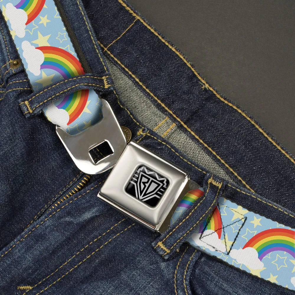 BD Wings Logo CLOSE-UP Full Color Black Silver Seatbelt Belt - Rainbows & Stars Light Blue/Yellow/Rainbow Webbing