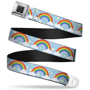 BD Wings Logo CLOSE-UP Full Color Black Silver Seatbelt Belt - Rainbows & Stars Light Blue/Yellow/Rainbow Webbing