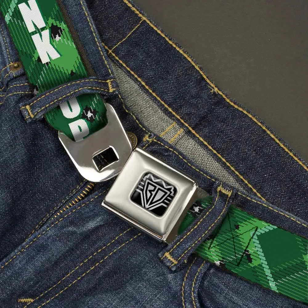 BD Wings Logo CLOSE-UP Full Color Black Silver Seatbelt Belt - St. Pat's DRINK UP BITCHES/Beer Mugs/Stacked Shamrocks Greens/White/Gold Webbing