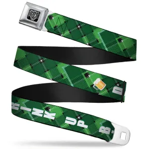BD Wings Logo CLOSE-UP Full Color Black Silver Seatbelt Belt - St. Pat's DRINK UP BITCHES/Beer Mugs/Stacked Shamrocks Greens/White/Gold Webbing