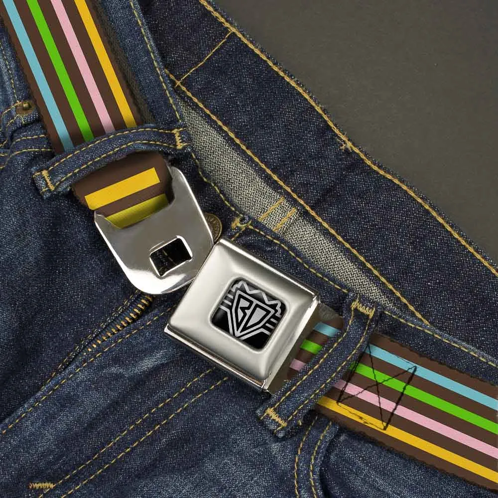 BD Wings Logo CLOSE-UP Full Color Black Silver Seatbelt Belt - Stripe Blocks Brown/Multi Pastel Webbing