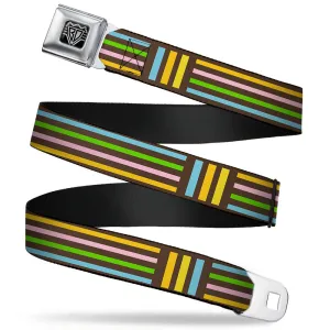BD Wings Logo CLOSE-UP Full Color Black Silver Seatbelt Belt - Stripe Blocks Brown/Multi Pastel Webbing