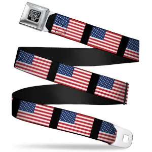 BD Wings Logo CLOSE-UP Full Color Black Silver Seatbelt Belt - United States Flags Webbing
