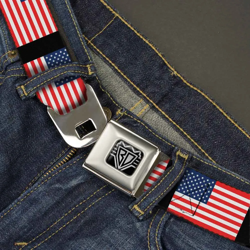 BD Wings Logo CLOSE-UP Full Color Black Silver Seatbelt Belt - United States Flags Webbing