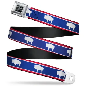 BD Wings Logo CLOSE-UP Full Color Black Silver Seatbelt Belt - Wyoming Flags Bison Silhouette Webbing