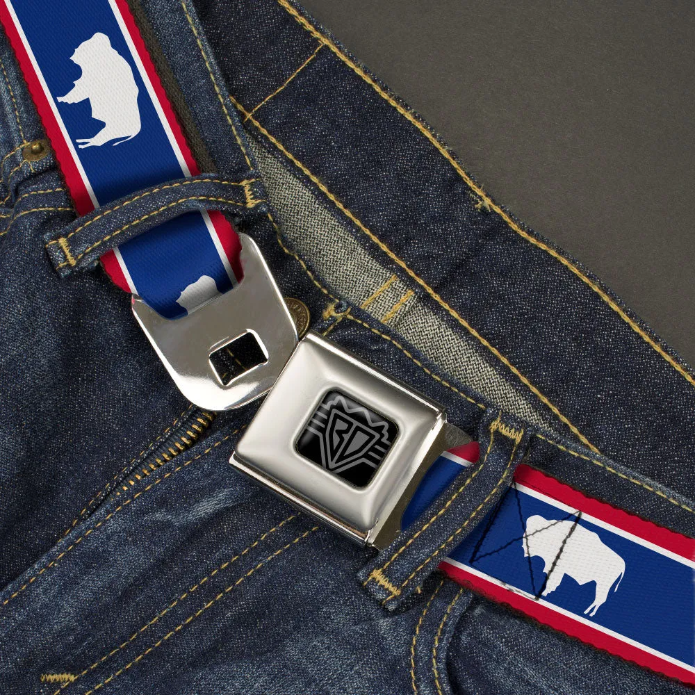 BD Wings Logo CLOSE-UP Full Color Black Silver Seatbelt Belt - Wyoming Flags Bison Silhouette Webbing