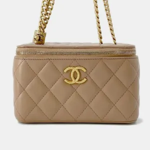 Beige Lambskin Matelasse WChain Vanity Case