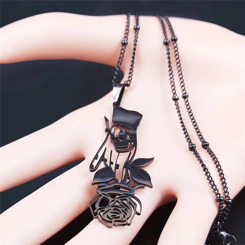 Black Color Goth Hand Skull Rose Stainless Steel Necklaces for Women