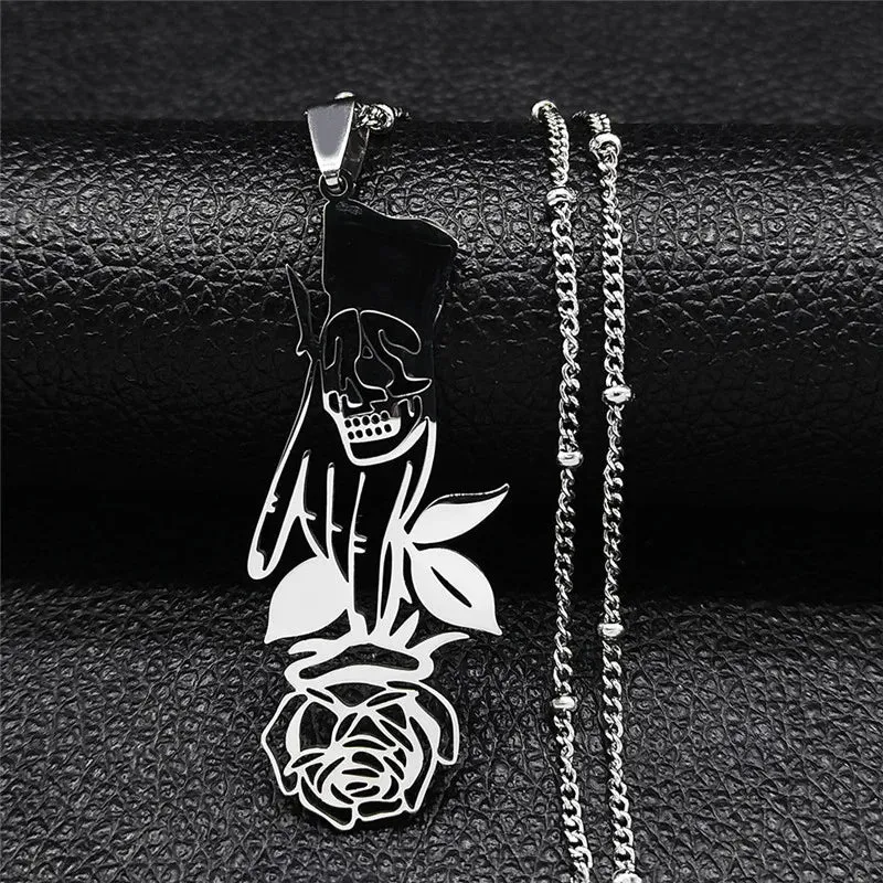 Black Color Goth Hand Skull Rose Stainless Steel Necklaces for Women