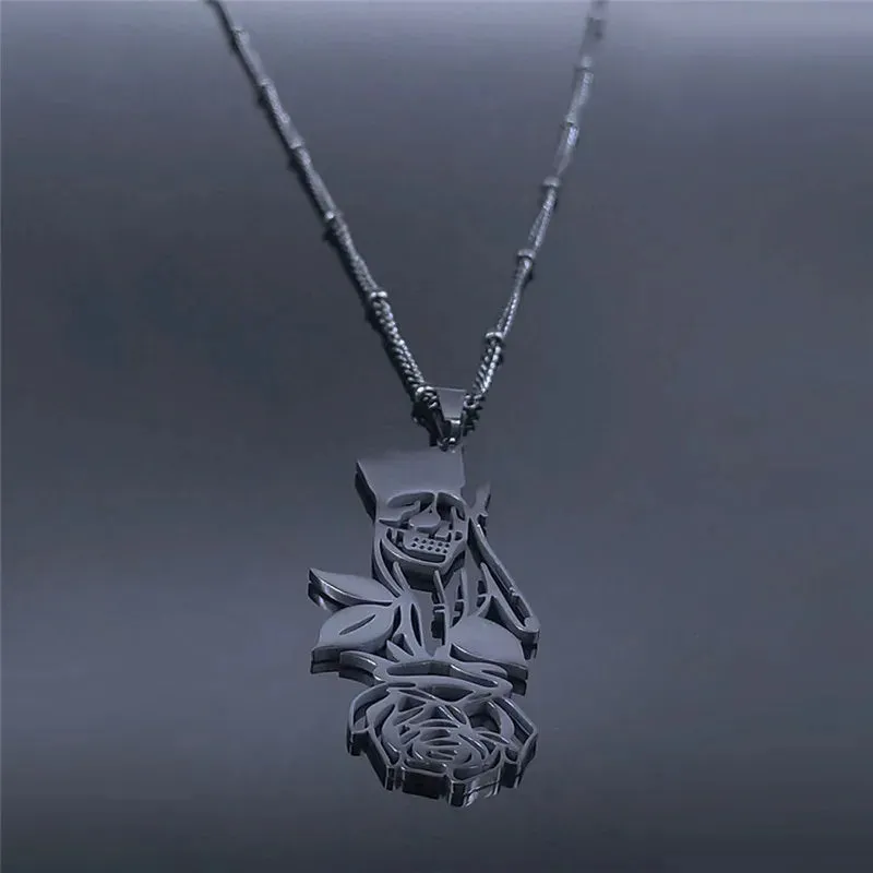 Black Color Goth Hand Skull Rose Stainless Steel Necklaces for Women