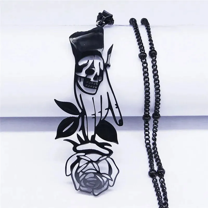 Black Color Goth Hand Skull Rose Stainless Steel Necklaces for Women