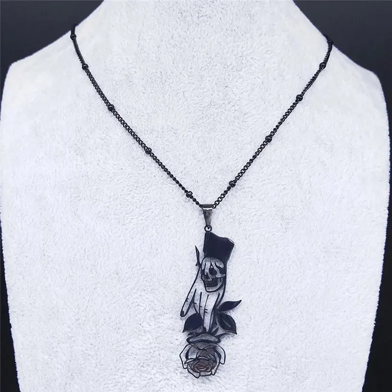 Black Color Goth Hand Skull Rose Stainless Steel Necklaces for Women