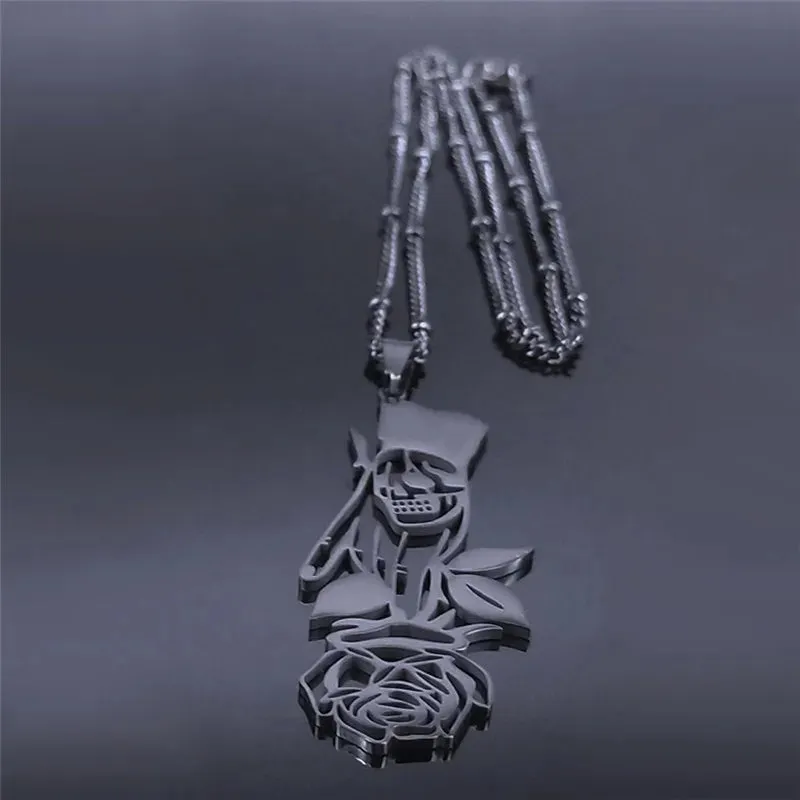 Black Color Goth Hand Skull Rose Stainless Steel Necklaces for Women