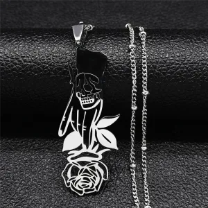 Black Color Goth Hand Skull Rose Stainless Steel Necklaces for Women